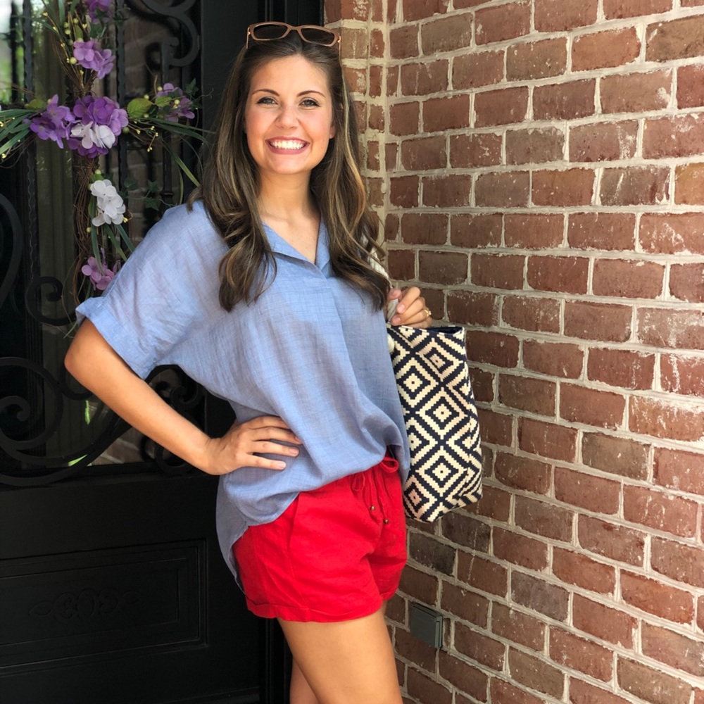 New Red Linen Drawstring Shorts - Picture 3 of 4